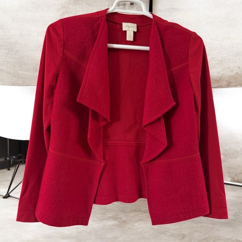 CHICO’S BOILED WOOL BLEND WATER FALL OPEN BLAZER JACKET SIZE 1 (8-10) MEDIUM RED